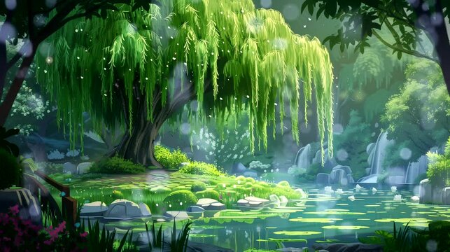 Magical garden pool and the weeping willows tree. Fantasy landscape anime or cartoon style, looping 4k video animation background