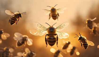 Golden Hour Harmony: Honeybees Returning to Their Hive at Sunset - obrazy, fototapety, plakaty