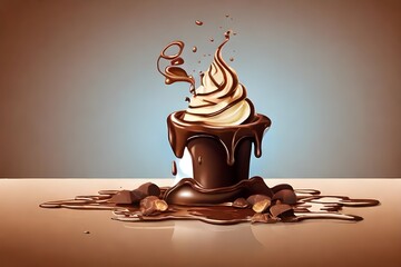 Delicious melting chocolate ice cream vector art with copy space for World Chocolate Day July 7. Sweet, dessert, coco, tasty. Template for background, banner, card, poster.