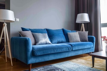 A living room featuring a blue couch and two lamps standing next to it.
