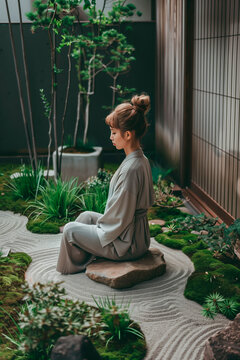 A serene moment of mindfulness in a tranquil Zen garden, embodying peace, contemplation, and oneness with nature