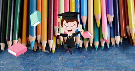 Image of excited schoolboy and schoolbooks moving over coloured pencils on desk