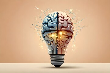 Human brain inside of light bulb with copy space in beige background. New business ideas, brainstorming, brain cognition concept. World Creativity and Innovation Day April 21, World Brain Day July 22 - obrazy, fototapety, plakaty