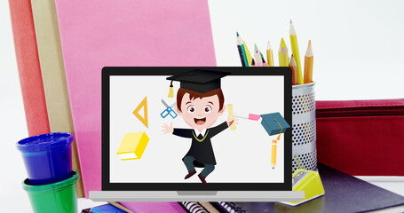 Image of excited schoolboy and stationery moving on tablet screen over coloured pencils on desk