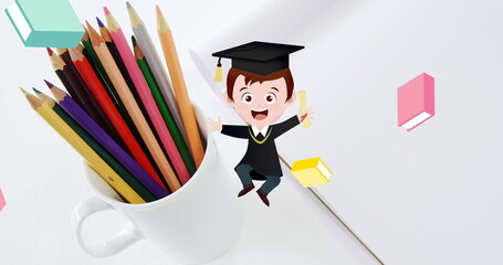 Image of schoolkid icon and books over pencils