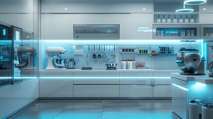 A futuristic kitchen where a robotic chef prepares meals tailored to individual health needs, using sustainably sourced ingredients