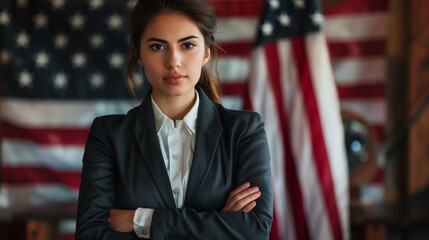 Confident young woman in a business suit poses against the American flag backdrop.
