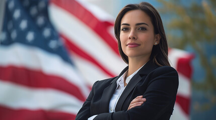 Confident young woman in a business suit poses against the American flag backdrop.