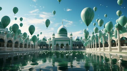 3D illustration of a beautiful mosque with balloons floating in the sky