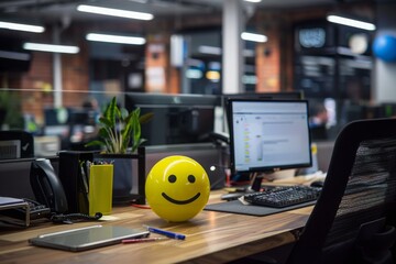Positivity in the workplace demonstrated by a yellow smiling ball in the office interior, promoting a positive work environment and inspiring corporate culture.
