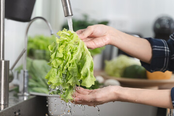Close up of hands people washing vegetables by tap water at the sink in the kitchen to clean...