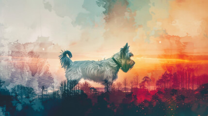 Double Exposure: West Highland White Terrier Silhouette and Park Watercolor Art Gen AI