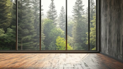 Empty room with wooden floor and panoramic view of green forest