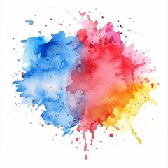 A burst of vibrant watercolor splashes dances across the canvas in a kaleidoscope of colors, forming a mesmerizing rainbow spectrum against a pristine white backdrop