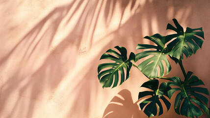Monstera Leaves Casting Delicate Shadows on a Warm Background