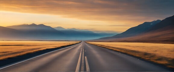 a broken road in the countryside with a mountain landscape at sunset.