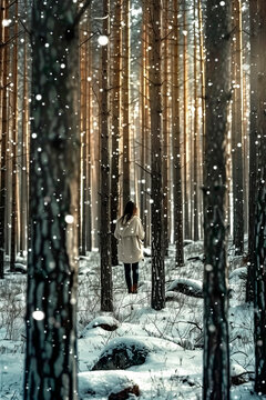 A Painting of a lone figure stands amidst the trees, finding solace in the stillness and solitude as snow gently falls, fostering mindfulness and a deep connection with nature