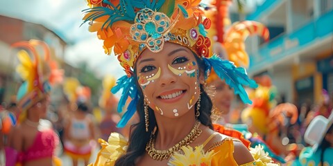 Colorful parade in Barranquilla Colombia showcasing vibrant costumes festive dances and culture. Concept Carnival, Barranquilla, Colombia, Parade, Vibrant Costumes, Culture, Festive Dances