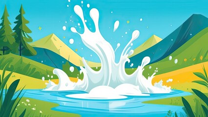 illustration of a water splash with mountains in the background. Natural background.
