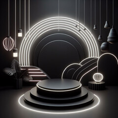 Fototapeta premium Step into a mesmerizing world of contrasts! This 3D illustration features a black and white stage adorned with a neon circle, creating a captivating visual display.