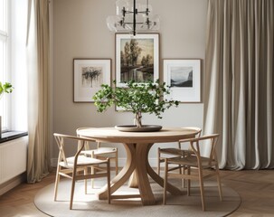 Large thick white wooden picture frames hanging on the wall of an elegant dining room with a round oak table