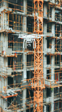 A white drone is flying over a construction site. The drone is taking a picture of the building