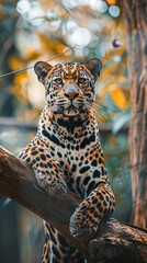 A leopard is sitting on a tree branch. The leopard is looking at the camera