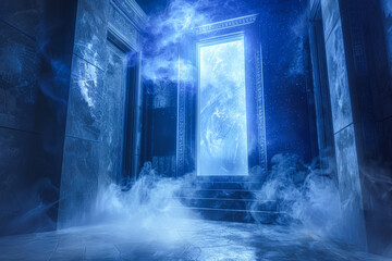 A blue room with a large door and a lot of smoke