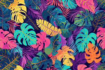 Colorful Tropical Leaves Seamless Pattern on Dark Background Illustration for Natural and Exotic Design Projects