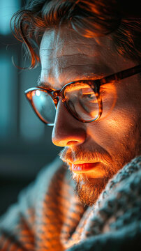 A man with glasses is looking at the camera. The image has a warm, inviting mood. The man's glasses and beard give him a friendly, approachable appearance