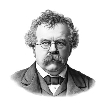 Black and white vintage engraving, close-up headshot portrait of G. K. (Gilbert Keith) Chesterton, the famous historical  English writer and philosopher, white background, greyscale, wearing glasses