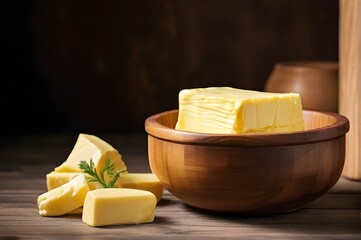 A wooden pot with fresh butter or golden yellow spread on wooden background. Butter is a dairy product made from the fat and protein components of churned cream. National butter day November 17  - Powered by Adobe