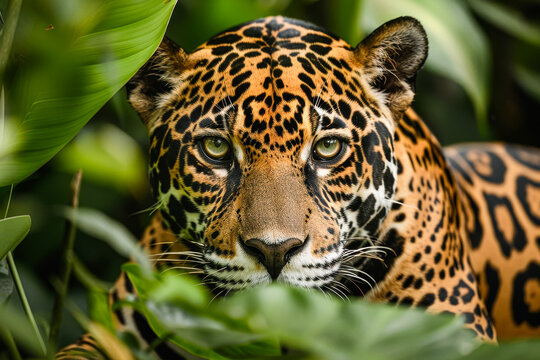A jaguar is looking at the camera with its mouth open. The image has a mood of curiosity and intrigue