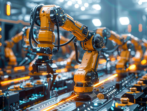 A robot is working in a factory with other robots. The robots are orange and are working together to create something. Scene is one of productivity and teamwork