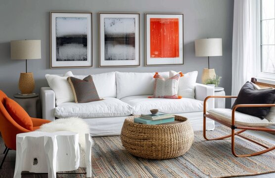 A bright modern living room with grey walls, white furniture, orange chairs, and framed pictures on the wall above the sofa