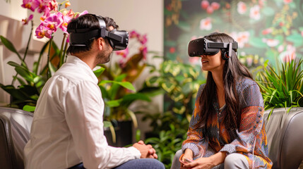 A man and a woman are sitting on a couch, both wearing virtual reality headsets. They are looking at each other, and the mood of the image is one of curiosity and excitement