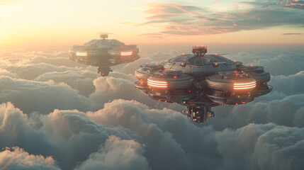 Two spaceships flying in the sky with a red and orange glow. Scene is futuristic and adventurous