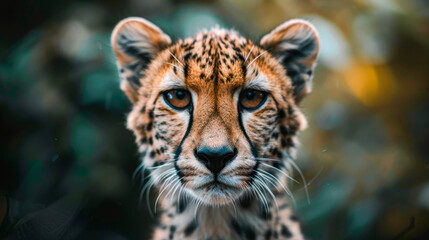 A baby cheetah is staring at the camera. The image has a moody and mysterious feel to it, as the cheetah's gaze seems to be searching for something - obrazy, fototapety, plakaty