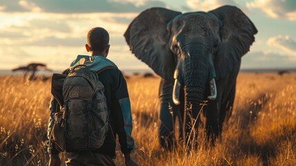 A man is walking in the desert with a backpack and an elephant is in the background. The man is looking at the elephant and seems to be in awe of its size. The scene is peaceful and serene - obrazy, fototapety, plakaty