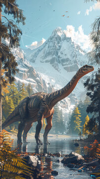 A large dinosaur is walking through a forest near a mountain. The scene is peaceful and serene, with the dinosaur being the only living creature in the area