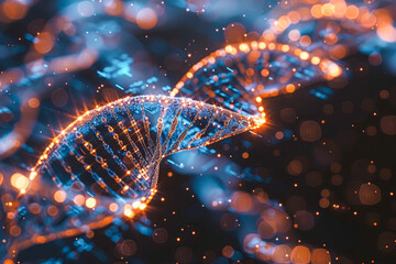 A DNA strand is shown in a blue and orange color scheme. The image is abstract and has a futuristic feel to it
