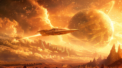 A space ship is flying through a yellow sky with a large planet in the background. The scene is filled with orange and yellow colors, giving it a warm and inviting atmosphere