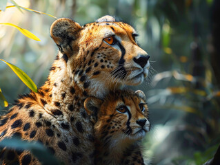 A mother cheetah and her cub are standing in the jungle. The mother is looking at the camera while the cub looks away