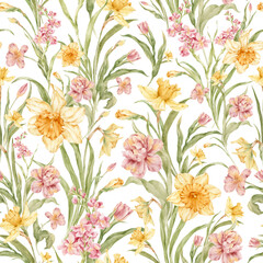 Obraz premium Seamless pattern with yellow daffodils, tulips and pink flowers hand-painted in watercolor on a white background.