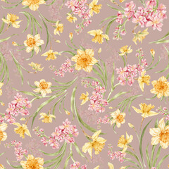 Beautiful watercolor seamless floral pattern with watercolor hand drawn gentle spring flowers. Watercolor pattern with daffodils on dark background