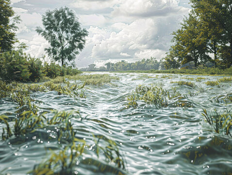 A body of water with a tree in the background. The water is choppy and the sky is cloudy