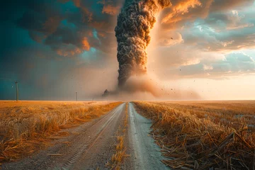 Fotobehang A large cloud of smoke is rising from a volcano. The sky is filled with dark clouds and the sun is setting. The scene is dramatic and intense, with the volcano spewing ash and smoke into the air © Kowit
