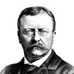 Black and white vintage engraving, close-up headshot portrait of Theodore (Teddy) Roosevelt Jr., the famous historical 26th president of the United States, white background, greyscale, wearing glasses