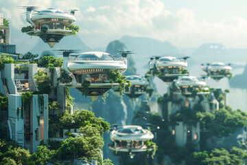 A futuristic cityscape with many white buildings and green trees. The buildings are floating in the air and have many windows. The sky is cloudy and the overall mood of the image is one of wonder