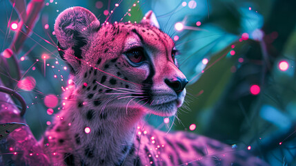 A cheetah is standing in a forest with pink and purple lighting. The cheetah is looking at the camera with a curious expression